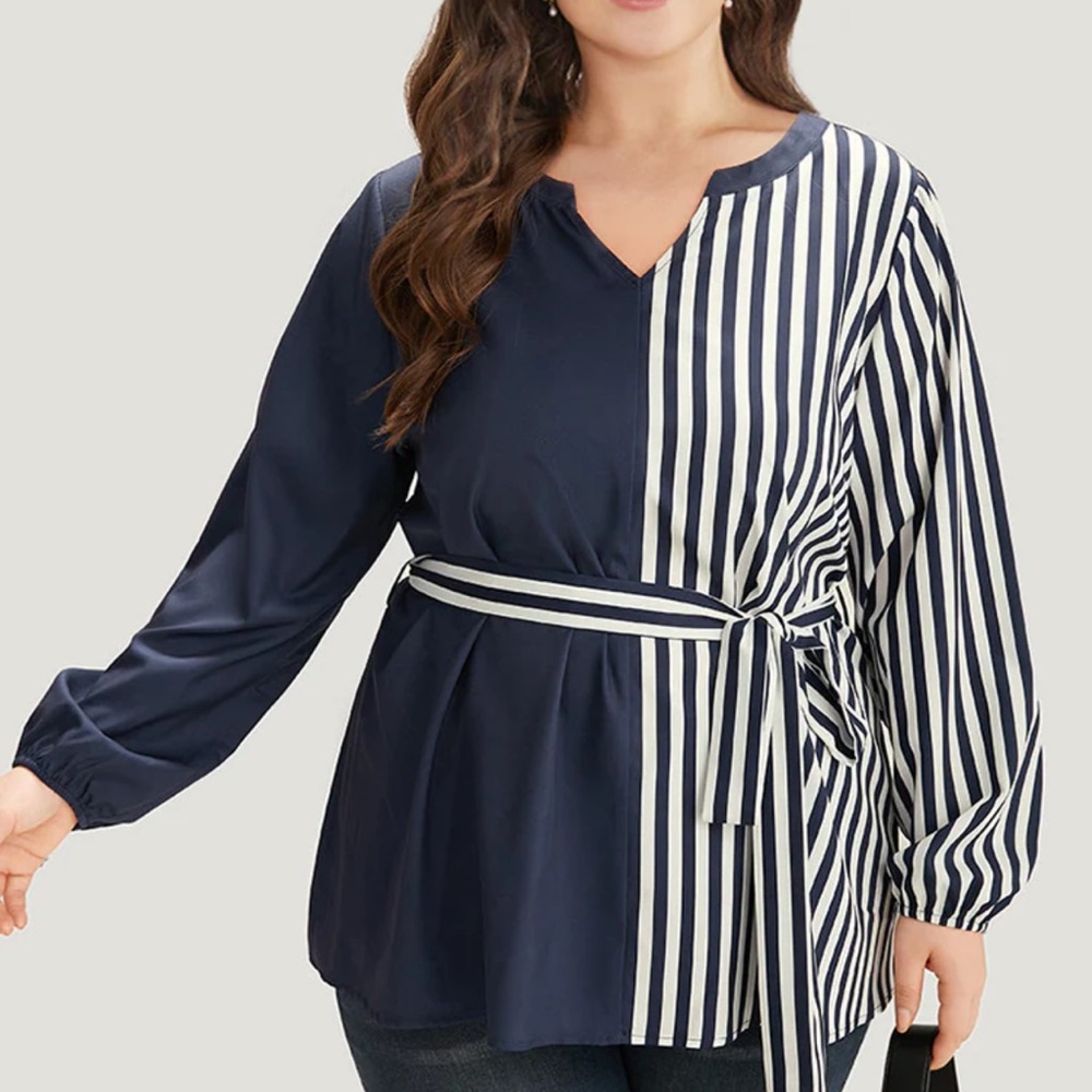Striped Patchwork Notched Lantern Sleeve Blouse - NWT